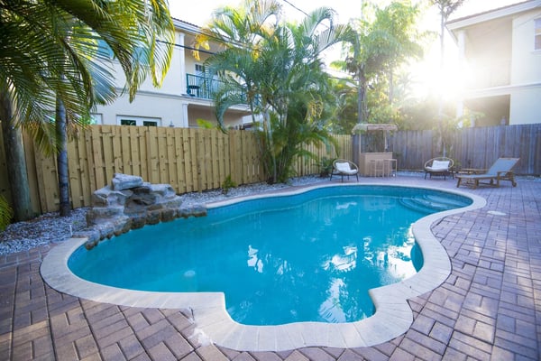 Backyard pool with curved edges, paved deck, lounge chairs, palm trees, and wooden fence surrounding two-story house